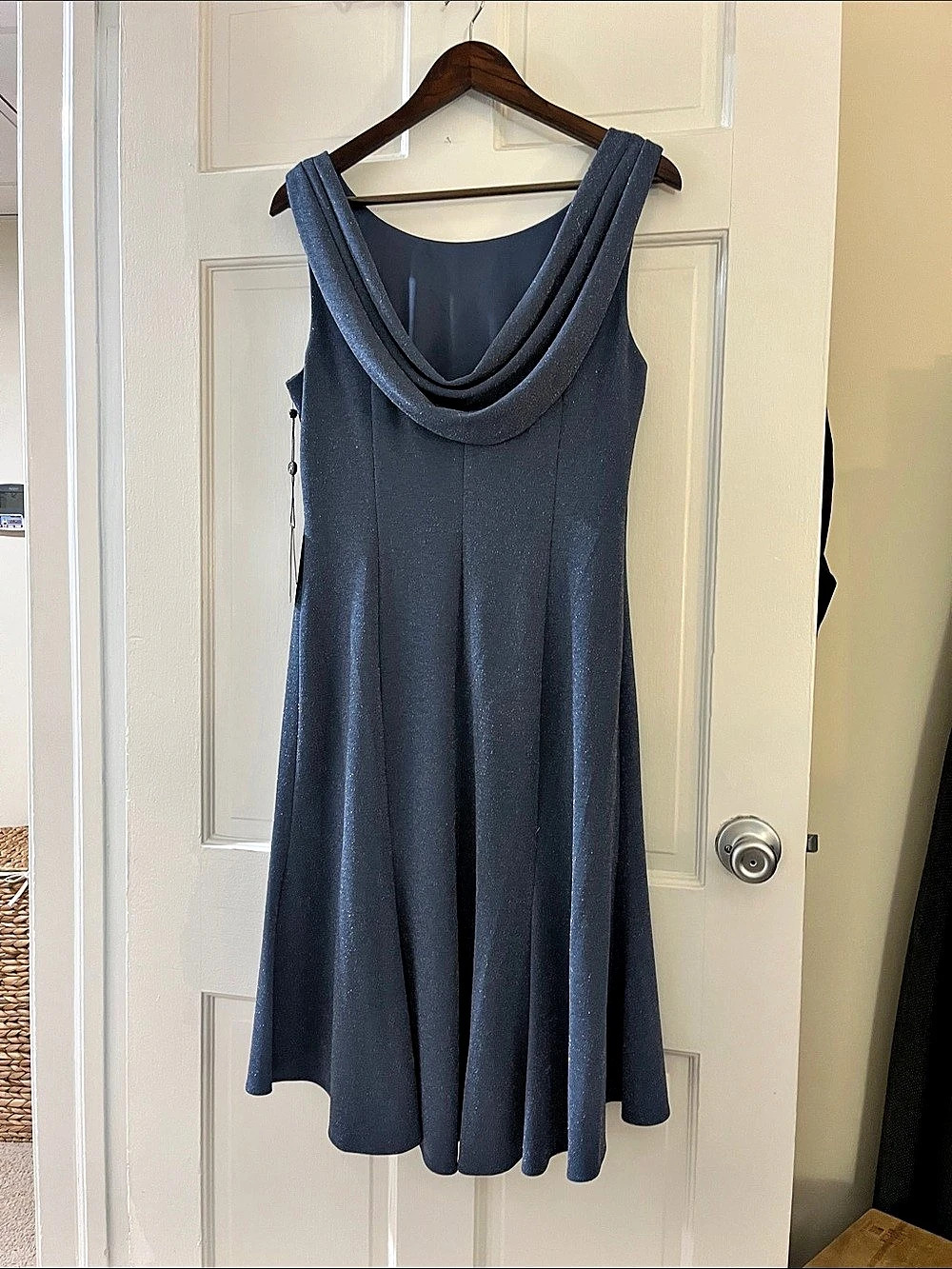 Adrianna Papell Metallic Knit Cowl Back Dress Midi Dress Blue Size 12